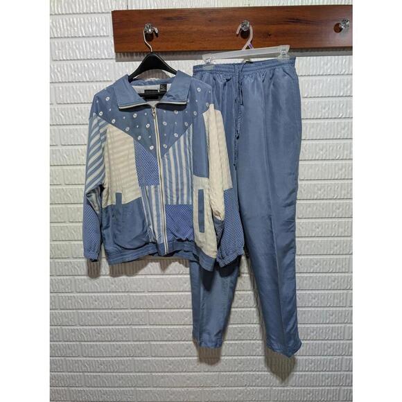 Mureli Vintage Silk Tracksuit Set Sz. M- Blue Patterned Lined Jacket & Pants - Picture 1 of 8